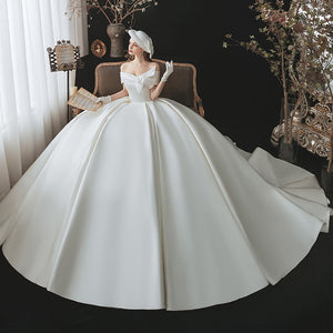 Luxury Satin Ball Gown Wedding Dress with Lace Up Back and V-Neck