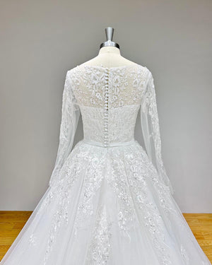 Elegant Tulle A-Line Wedding Dress with Satin Belt and Long Sleeves