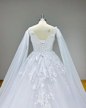 Elegant Backless Ball Gown Wedding Dress with Long Shawl Sleeves and Vintage