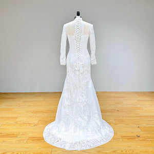 Long Sleeve Mermaid Wedding Dress with Detachable Train Pearls Appliques Luxury