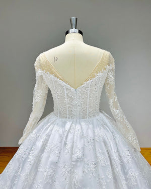 Long Sleeve Ball Gown Wedding Dress with Chapel Train and See-Through Top