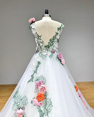 Colorful Tulle Ball Gown Wedding Dress with 3D Flowers Off the Shoulder