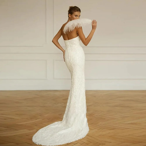 Boat Neck Mermaid Wedding Dress with Detachable Train & Sequins