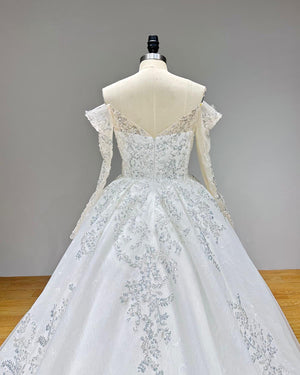 Off Shoulder Ball Gown Wedding Dress with Beading Pearls Long Sleeve Shiny Gelinlik