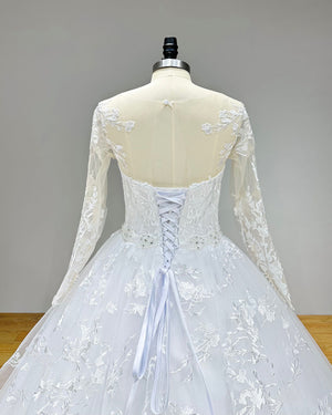 Long Sleeve Ball Gown Wedding Dress with Crystal Beading Belt and Cut-out Back