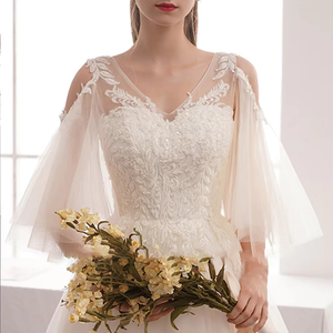 Elegant A-Line Off-Shoulder Wedding Dress with V-Neck and Lace-Up Back