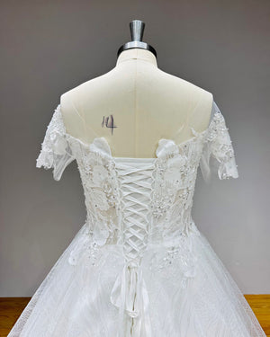 Elegant Short Sleeve A-Line Sequined Wedding Dress with Corset Back