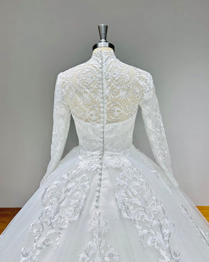 High Neck Long Sleeve Wedding Dress with Buttons Zipper Back Bridal Gown