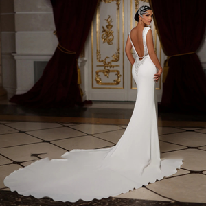 Satin Mermaid Wedding Dress with Beading Pearls Off-the-Shoulder Backless Gown