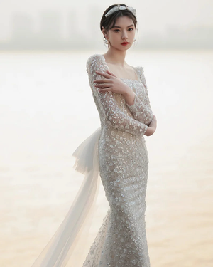 Strapless Lace-Up Mermaid Wedding Dress with Long Sleeves and Sparkly Beading