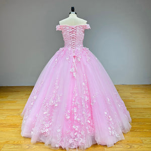 3D Flowers Princess Ball Gown Wedding Dress with Detachable Train Off the Shoulder