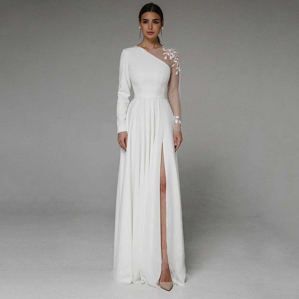 Long Sleeve Asymmetrical Side Slit Wedding Dress with Appliqué – Floor-Length Bridal Gown