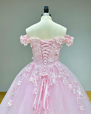 Sweetheart Pink Quinceanera Dress with Pearls Crystals Flowers and Lace-Up Back