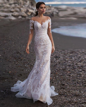 Long Sleeve Mermaid Wedding Dress O Neck Vintage Illusion Back Elegant Bridal Gown