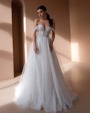 Elegant A-Line Off-Shoulder Wedding Dress with Beading and Appliques