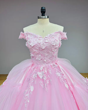 3D Flowers Princess Ball Gown Wedding Dress with Detachable Train Off the Shoulder