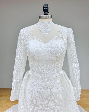 Long Sleeve Mermaid Wedding Dress with Detachable Train Pearls Appliques Luxury