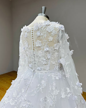 3D Flowers Ball Gown Wedding Dress with Long Sleeves Satin Belt and Vintage Detail