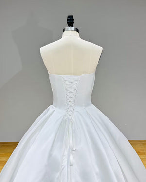 Off the Shoulder Satin Ball Gown Wedding Dress with Lace Up Beading and Pearls