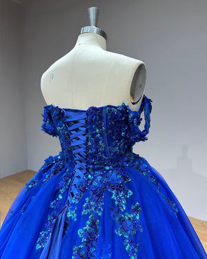 Blue Sweetheart Neck Lace Up Back Quinceanera Dress with Sequins and Flowers