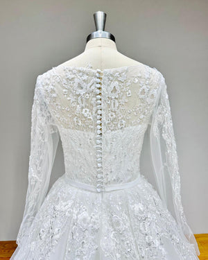 Elegant Tulle A-Line Wedding Dress with Satin Belt and Long Sleeves