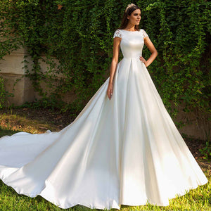 High Quality Satin Ball Gown Wedding Dress Cap Sleeves Illusion Back Bridal Gown