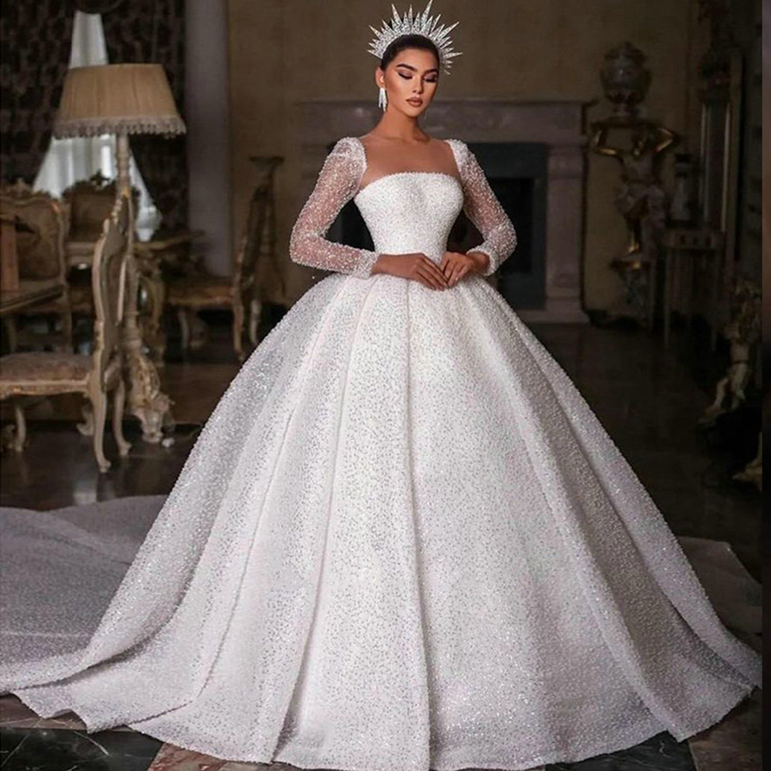 New Arrival Glitter Tulle Ball Gown Wedding Dress with Long Sleeves and Illusion Back