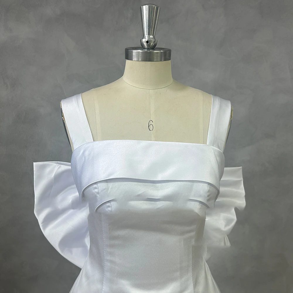 DREAM Satin Short Backless Wedding Dress with Square Collar Detachable Bow