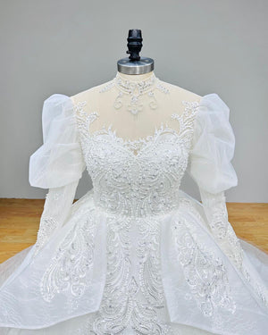 Hire Lnyer High Neck Puff Sleeve Beaded Lace Ball Gown Wedding Dress