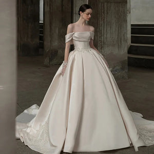 Off the Shoulder High Quality Satin Wedding Dress with Pearls and Appliques