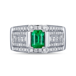 14K White Gold 1.05ct Natural Emerald & 1.21ct Diamonds Engagement Ring For Man and Women