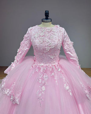 Pink Long Sleeve Wedding Dress with Detachable Train 3D Flowers