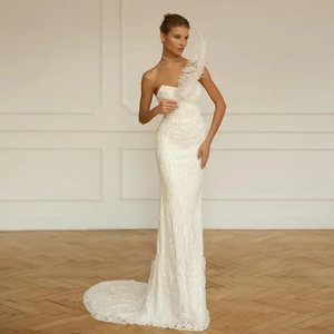 Boat Neck Mermaid Wedding Dress with Detachable Train & Sequins