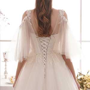 Elegant A-Line Off-Shoulder Wedding Dress with V-Neck and Lace-Up Back