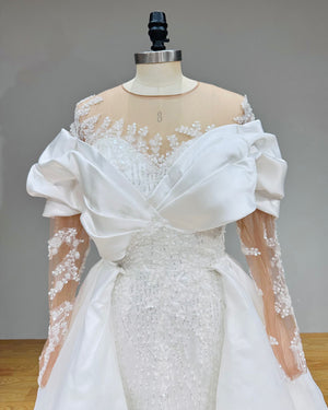 Long Sleeve Mermaid Wedding Dress with Detachable Train and Beading Appliques