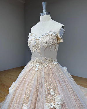 3D Flowers Tulle Ball Gown Wedding Dress with Sweetheart Neck and Crystal Details