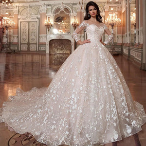 Long Sleeve Ball Gown Wedding Dress with Crystal Beading Belt and Cut-out Back