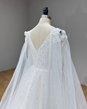 Elegant V-Neck A-Line Wedding Dress with Pearls Lace Zipper Back Modern Design Bridal Gown