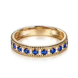 14K Yellow Gold 0.09ct Pave H SI Natural Diamond & 0.47ct Sapphires Engagement Wedding Band