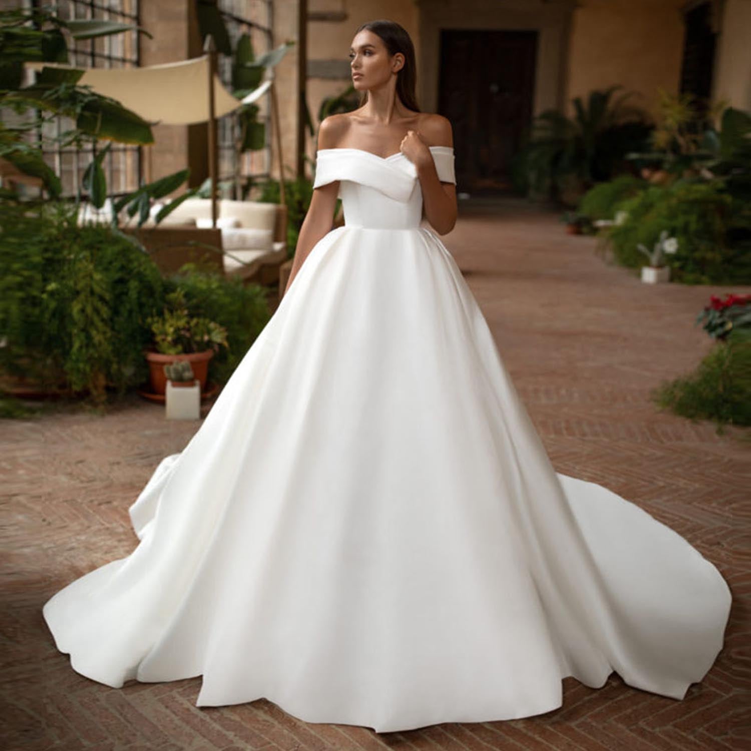 Off the Shoulder High-Quality Satin Ball Gown Wedding Dress with Button Back and Zipper