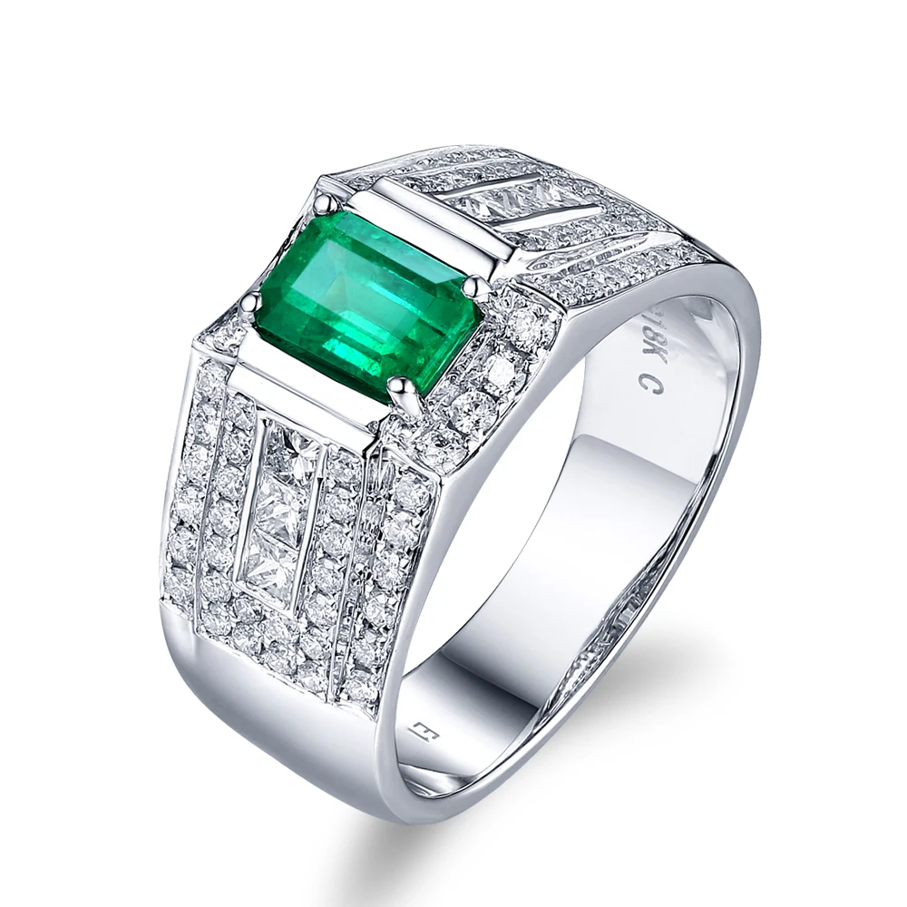 14K White Gold 1.05ct Natural Emerald & 1.21ct Diamonds Engagement Ring For Man and Women