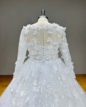 3D Flowers Ball Gown Wedding Dress with Long Sleeves Satin Belt and Vintage Detail