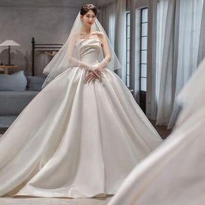 Off the Shoulder Satin Ball Gown Wedding Dress with Lace Up Beading and Pearls