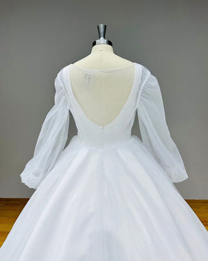 Simple Satin and Tulle Ball Gown Wedding Dress with Detachable Shawl and Backless Design