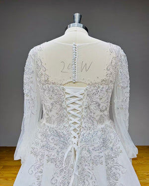 Long Sleeve Ball Gown Wedding Dress with Sequins Beading Lace and Corset Back