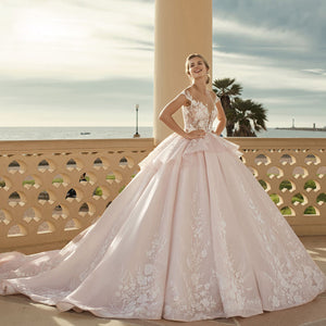 Classic Ball Gown Wedding Dress with Illusion Back Cap Sleeves and Crystal Beaded Belt