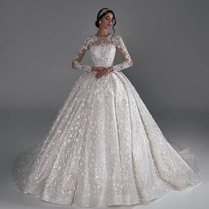 Long Sleeve Ball Gown Wedding Dress with Illusion Back Beading and Appliques