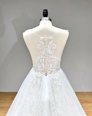 Off the Shoulder A-Line Wedding Dress with Pearls and Illusion Back