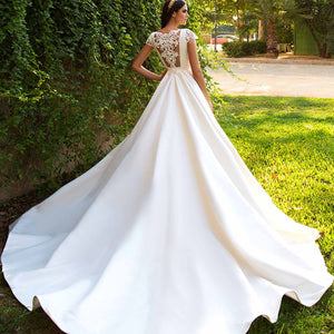 High Quality Satin Ball Gown Wedding Dress Cap Sleeves Illusion Back Bridal Gown