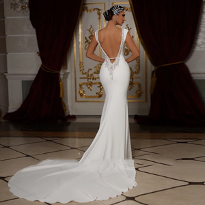 Satin Mermaid Wedding Dress with Beading Pearls Off-the-Shoulder Backless Gown